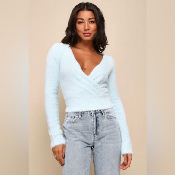 Lulus Sweaters - NWT Lulu's Snuggly Statement Light Blue Eyelash Knit Surplice Sweater Women’s XS